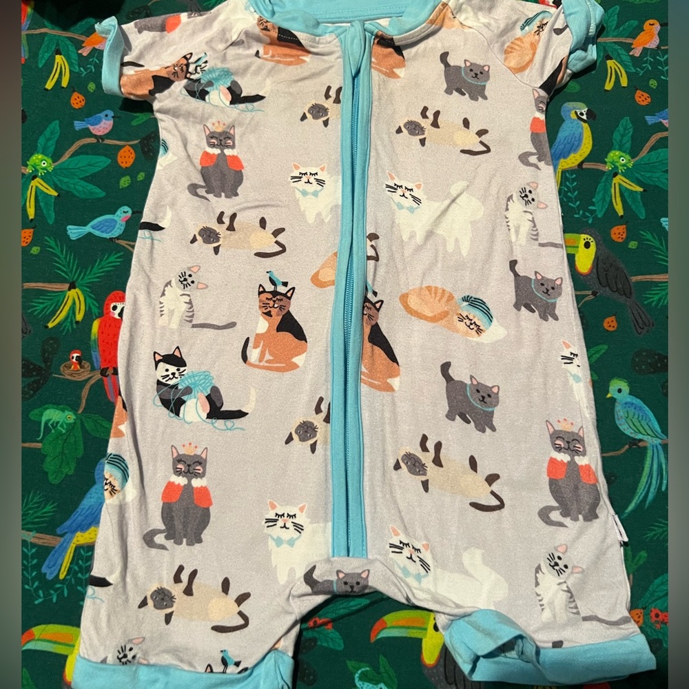 Little Sleepies Cat Print One Piece - Blue and Gray